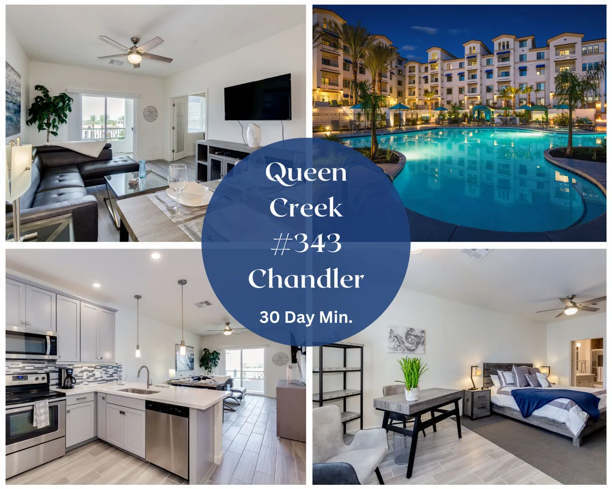 The hero image showcases the condo's modern, open-concept living room with plush seating, a sleek kitchen with stainless steel appliances, and a view of the serene swimming pool just beyond the large patio doors. Warm sunlight fills the space, highlighting contemporary décor and inviting relaxation, while the bedroom with a king bed is visible in the background.